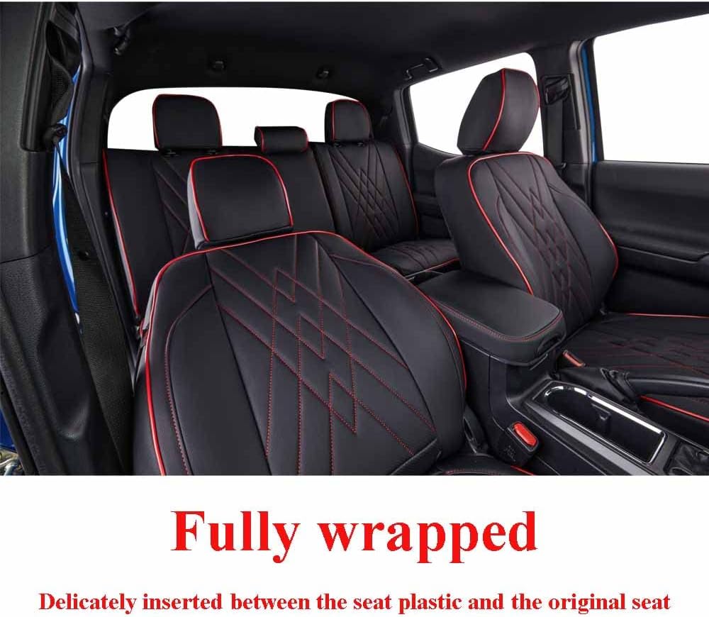 EKR Custom Fit Tacoma Leather Car Seat Covers for Select Toyota Tacoma 2012 2013 2014 2015 (Regular Seats)- Full Set,Leather(Black with Red Trim)
