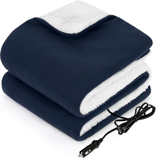 Sealy 12-Volt Heated Car Blanket, Portable Electric Blanket with 3 Heating Levels & 4 Hours Auto Off for Car, Truck, SUV, RV or Camping, Machine Washable, 59" X 43", Navy