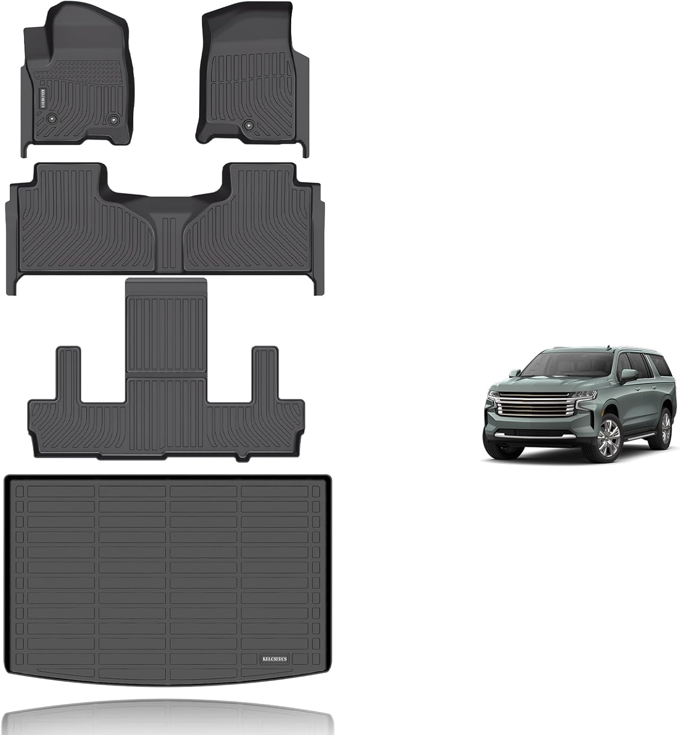 KELCSEECS® Floor Mats & Cargo Liner Custom for 2021-2025 Chevrolet Suburban/GMC Yukon XL 7 Seats with 2nd Bucket Seats All Weather Protection TPE Liners Full Set Chevy Suburban Accessories Black