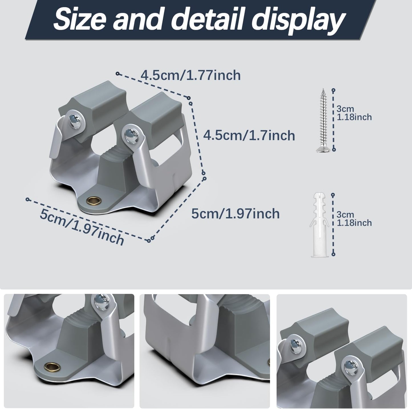 3-H Mop and Broom Holder Wall Mount 6 Pack, Broom Holder for Garage Garden Shed Storage System Laundry Room Home Kitchen Organization up to 1.45 Inch(grey)