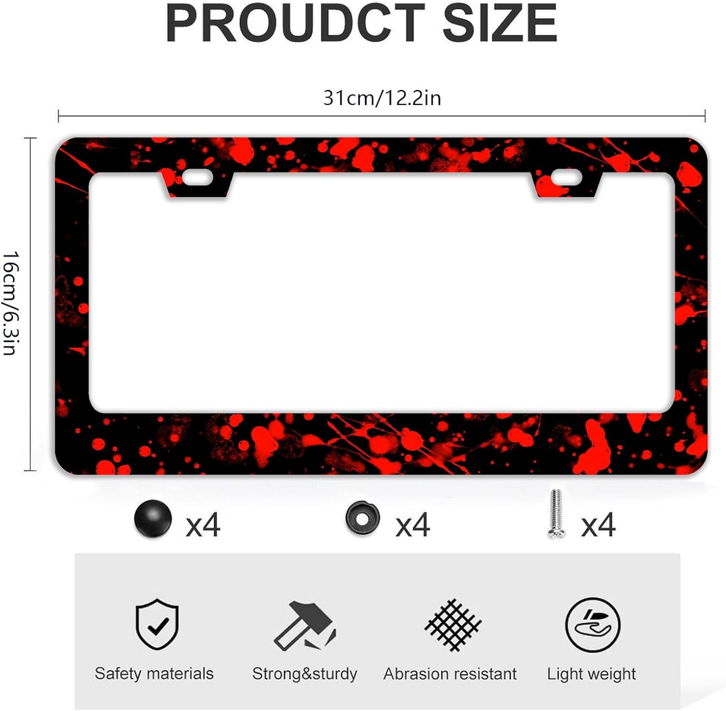 Blood Splattered Red Black License Plate Frames - 2 Pcs Set 2 Holes Stainless Steel Metal Auto Car Accessories Decoration License Plate Frame Cover Size 6.3" x 12.2" Fit US Vehicles for Women Men Gift