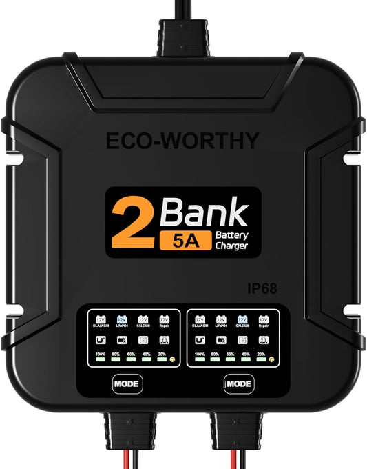 ECO-Worthy 2-Bank Marine Battery Charger 10A (5A/Bank), IP68 Waterproof 12V Charger & Maintainer for Boat RV Car, Lead-Acid LiFePO4 & Calcium Battery Desulfator
