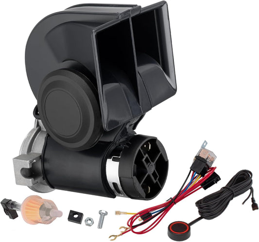 Air Horn for Truck,Super High Pitched Train Horn for Car, Waterproof Snail Horn for Motorcycles, Cars, trucks, trains and ships(black horn with wire and button, 12v)