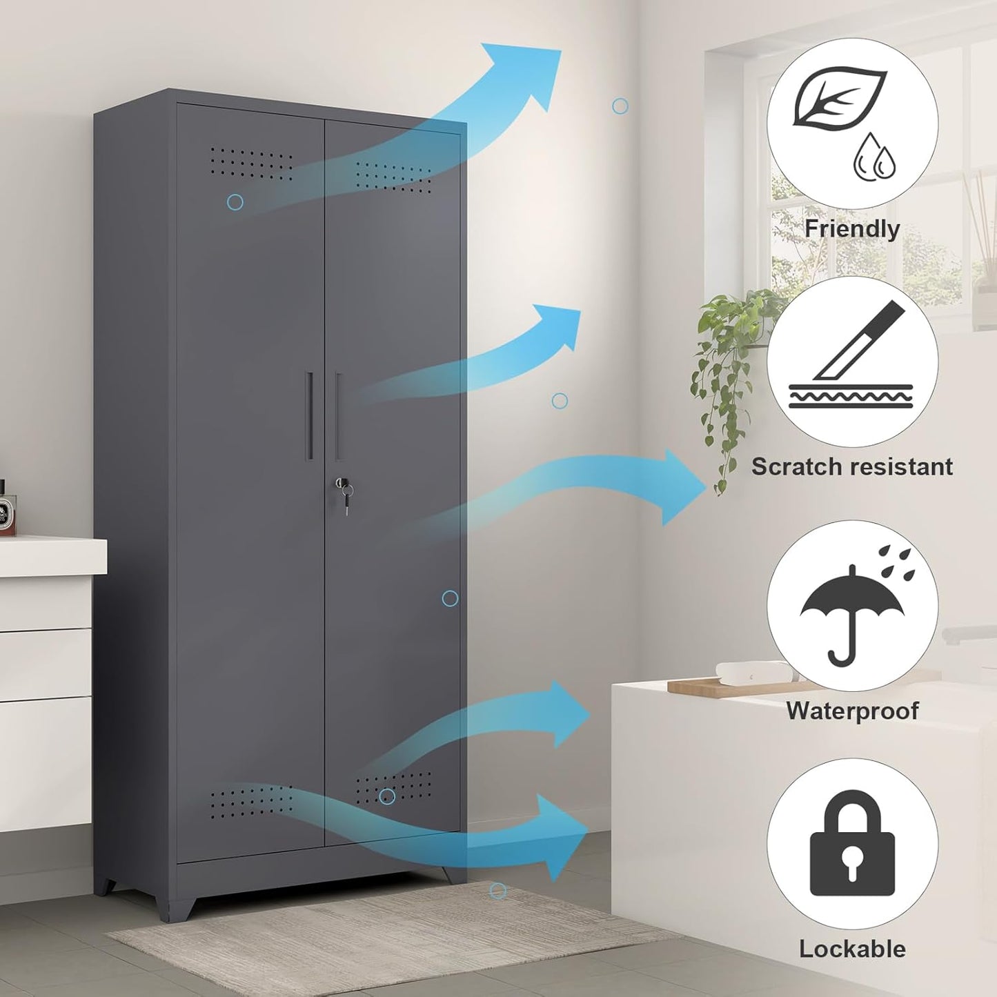 GREATMEET 72.8" H Metal Storage Cabinets with Doors and Shelves, Grey Broom Closet Storage Cabinet, Broom and Mop Utility Cabinet for Home,Kitchen,Garage