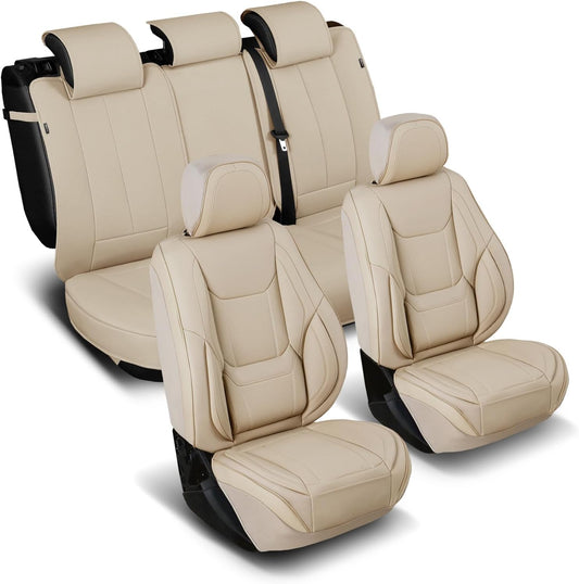 Coverland Custom Car Seat Covers Compatible with 2007-2014 Sierra 2500HD Crew Cab - Premium Leather Non-Slip Memory Foam Waterproof Interior Protector Full Set-Beige [See Size Chart-Size X136]
