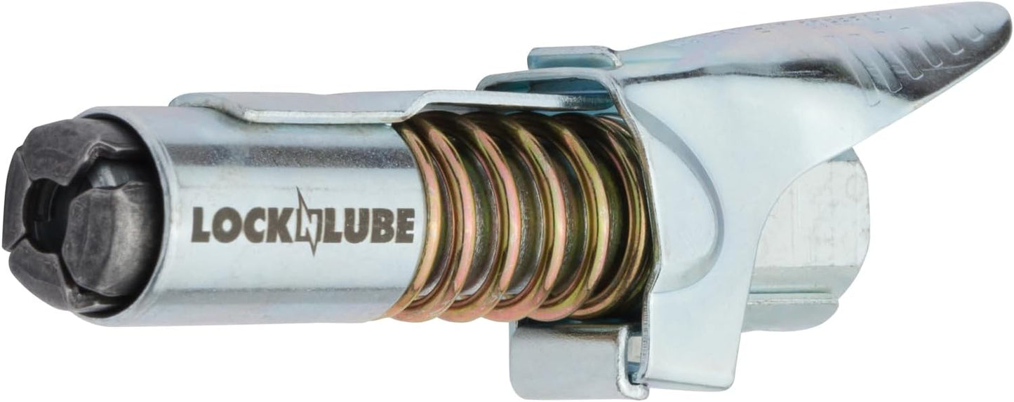 LockNLube Grease Gun Coupler locks onto Zerk fittings. Grease goes in, not on the machine. World's best-selling original locking grease coupler. Rated 10,000 PSI. Long-lasting rebuildable tool.
