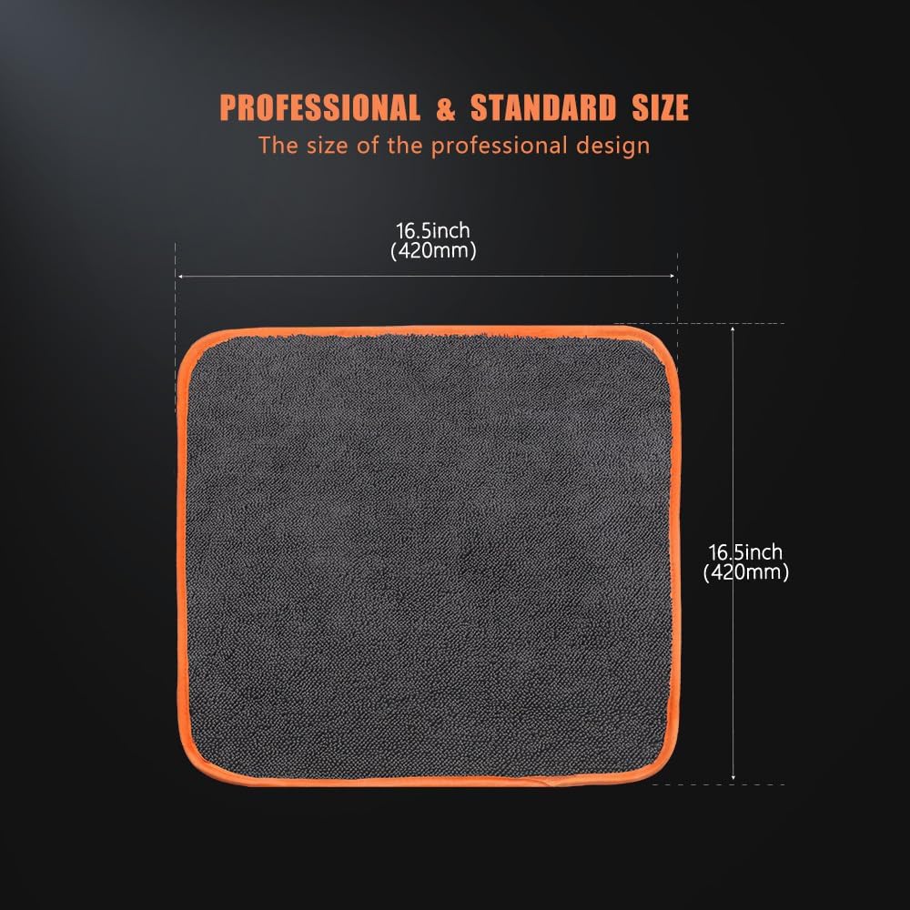SPTA Microfiber Car Drying Towels, Cleaning Cloth Towels, Twist Pile Rapid Drying Orange Edge Car Microfiber Towels for Car Detailing, Pack of 3, 16.5 x 16.5 Inch, 600 GSM, Gray-MT040