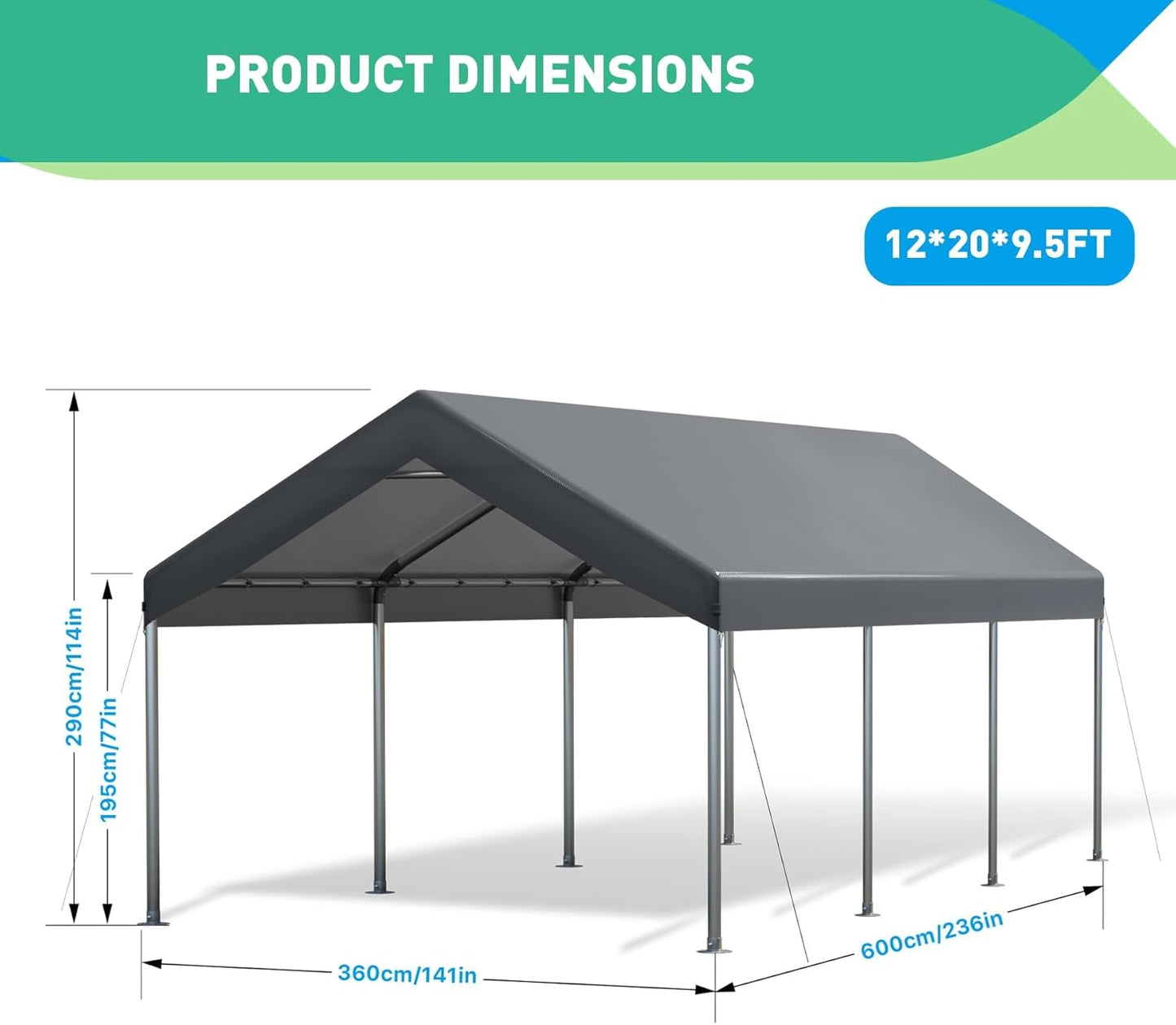 12X20 Ft Heavy Duty Carport Canopy, Portable Garage, Car Tents, Easy to Assemble, Reinforced Structure, with Hanging Edge, Applicable to Car, Bike, Boat, Party (Gray)