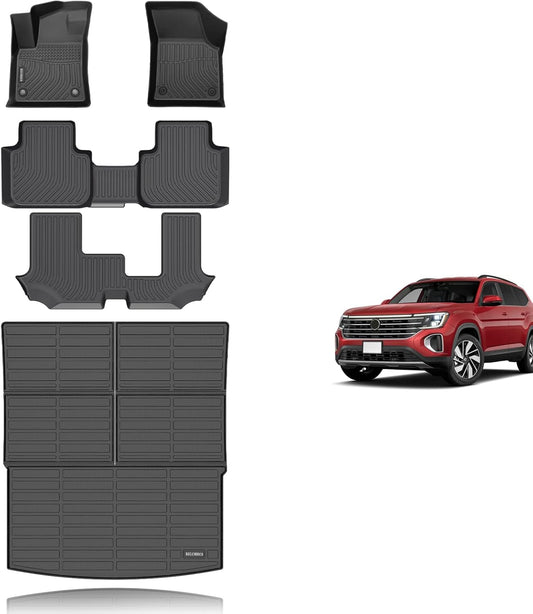 KELCSEECS® Floor Mats & Cargo Liner Custom for Volkswagen Atlas 2025 2024-2018 (7 Passenger Bench) All Weather Protection Anti-Slip TPE Floor Liners Full Set Volkswagen Atlas Accessories Black