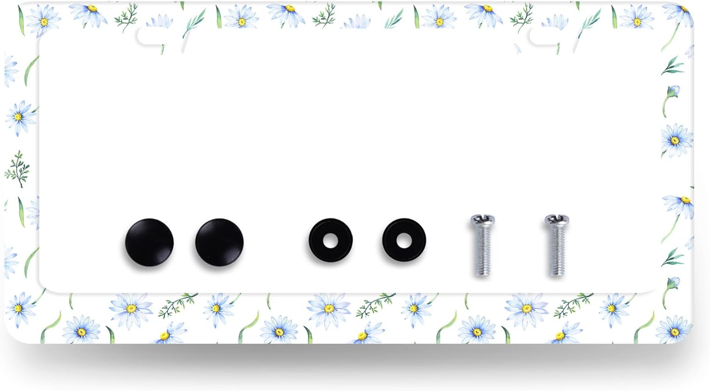 Cute Blue Daisy Flowers License Plate Frame Colorful Floral License Plate Holder Stainless Steel Colorful Car Accessories Decoration 6.3"X12.3" with 2 Holes Screws