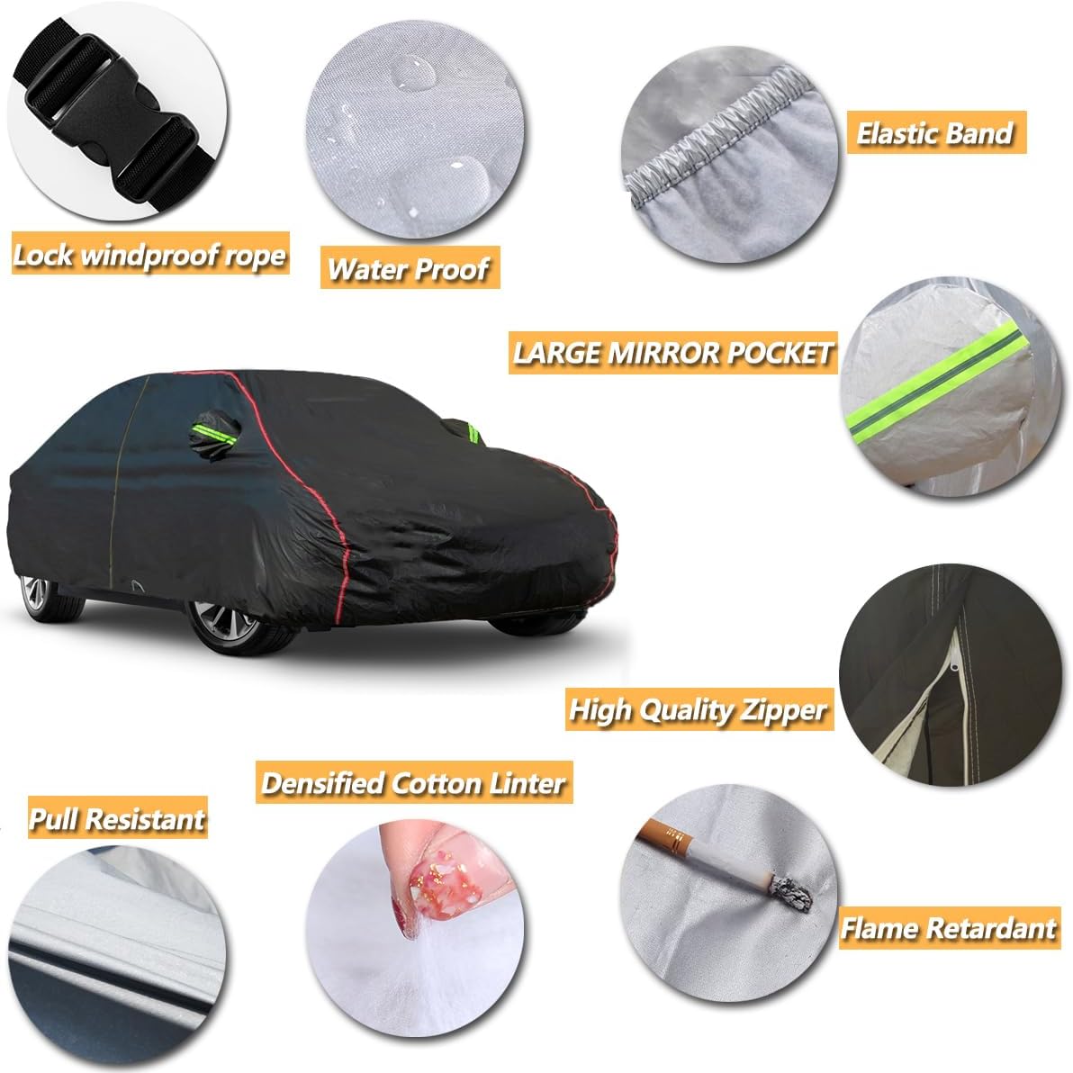 AUQDD 6-Layers PEVA New Material Sedan SUV Full Padded Car Cover Waterproof All Weather Weatherproof UV Sun Protection Snow Dust Storm Resistant Outdoor Exterior Custom Form-Fit Straps 205"-216" Black