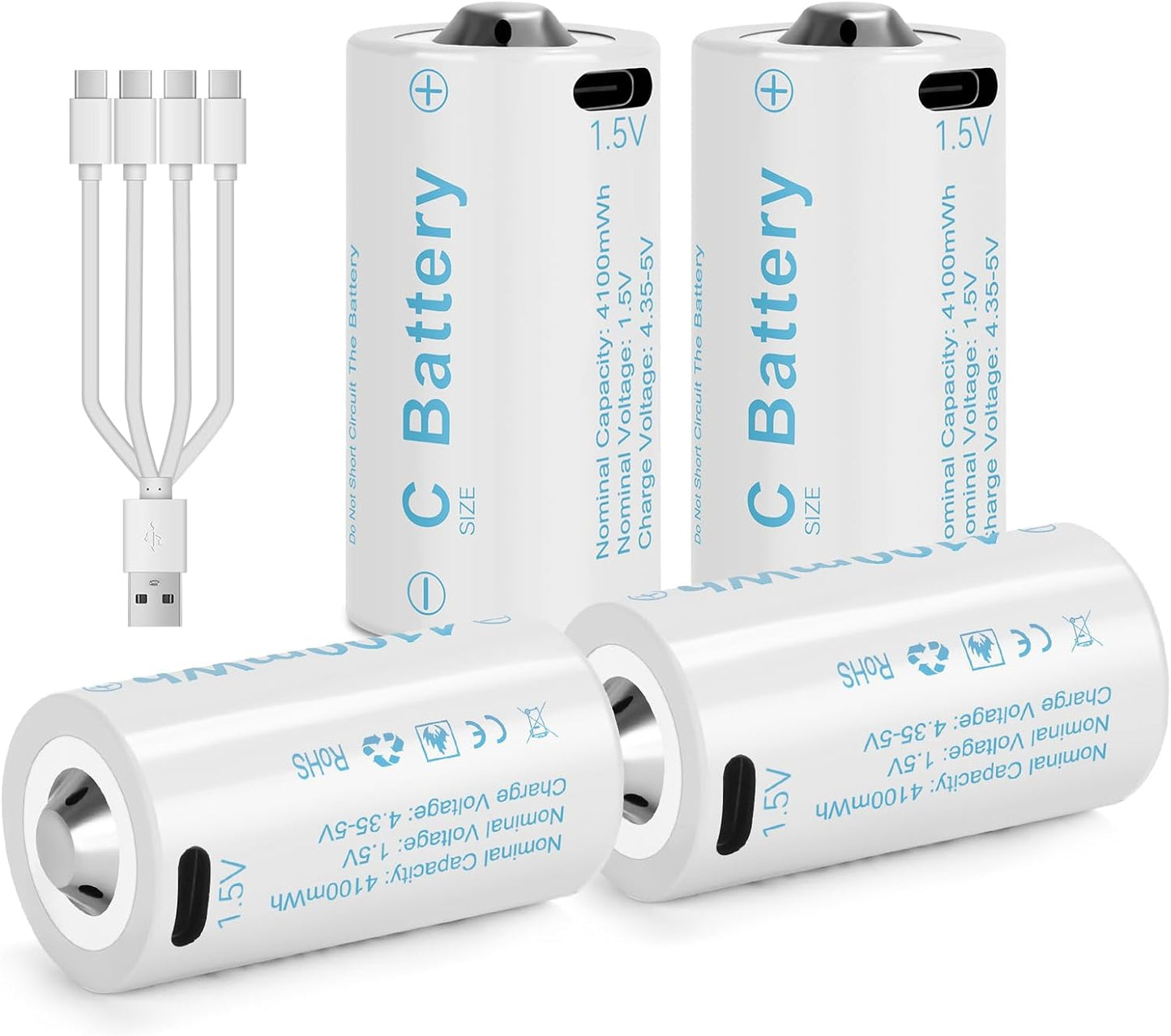 Rechargeable Lithium C Battery 4 Pack, Batteries c Size，Long Lasting1.5V C Batteries Rechargeable with 4 in 1 USB-C Charge Cable for Television Remote, Flashlights