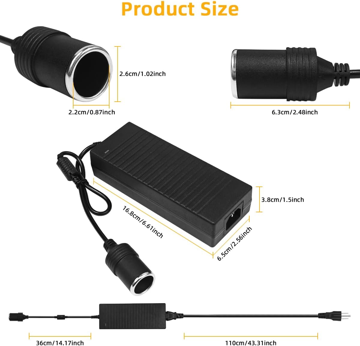 180W AC to DC Converter, 100V ~ 240V to 12V 15A Car Cigarette Lighter Socket AC/DC Adaptor Power Supply for Car Refrigerator, Tire Inflator, Vacuum Cleaner and Other Devices 7.2FT