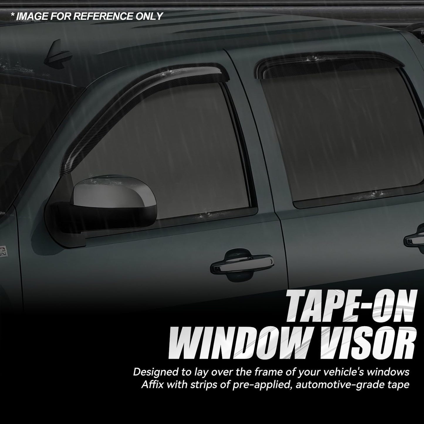 Auto Dynasty 4Pcs Carbon Fiber Pattern Window Visors Compatible with 2007-2014 Chevy Silverado Avalanche Suburban GMC Sierra Yukon XL, Tape-On Front & Rear Window Deflectors Rain Guards