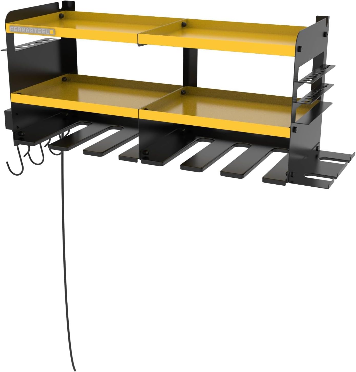 Permasteel Power Tool Organizer Wall Mount - 150 Lbs Load 3-Layer Heavy Duty Metal Storage Rack with Charging Station, Holds 6 Drills, 9 Hand Tools and 16 drill bits for Garage and Workshop, Yellow