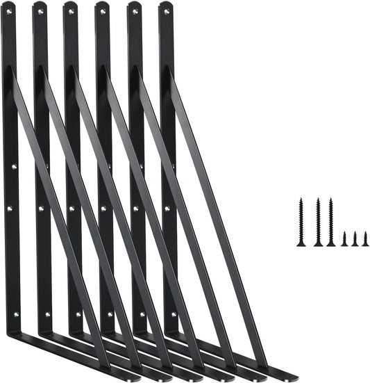 6 Pack L14 x H 10" Black Heavy Duty Shelf Brackets with Screws Metal Shelf Brackets Shelf Support Angle Brackets for Shelves L Brackets Heavy Duty Floating Shelf