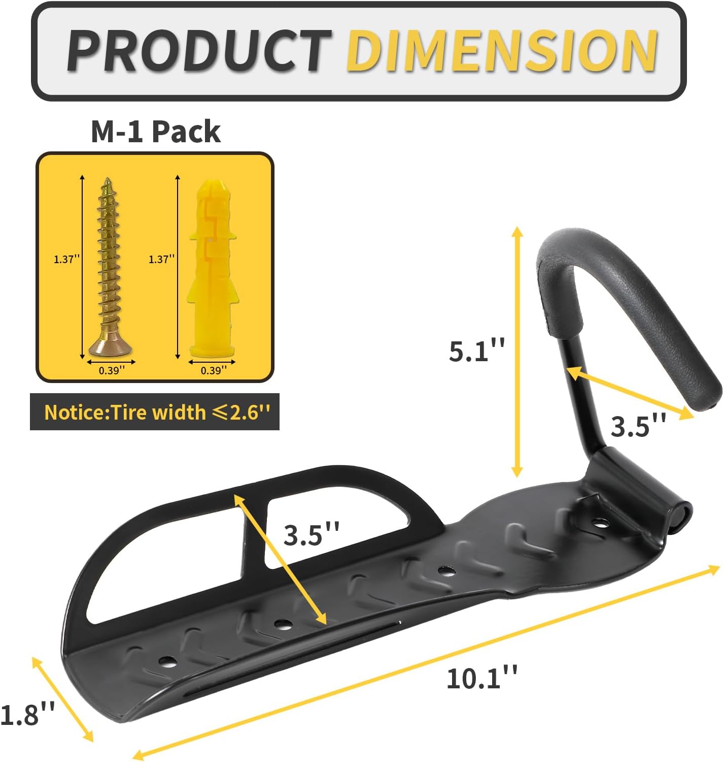 Vertical Bike Rack Wall Mount for Garage–Heavy-Duty Steel Bicycle Hook for Indoor Storage, Space-Saving Holder for Road, Mountain & Hybrid Bikes, Fits Tires Up to 2.6" Wide (1 Pack)