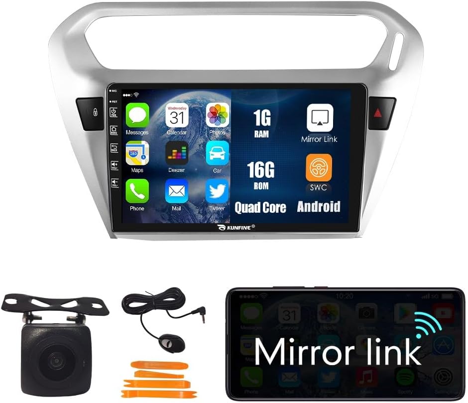 Kunfine Car Android Navigation Stereo GPS Radio Reverse Camera Display 9" IPS Touchscreen Headunit Tablet Pad Media Player for Peugeot 301 2013-2022, if Applicable Quad Core 1G+16G Silver