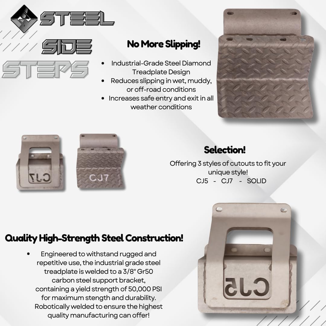 CJ5 Side Steps Compatible with Jeep © CJ Vehicles (Pair) - Solid Steel Construction - Metal Diamond Treadplate Traction Design - Universal Fitment on Classic CJ-5 (CJ7) (CJ7-BLACK)
