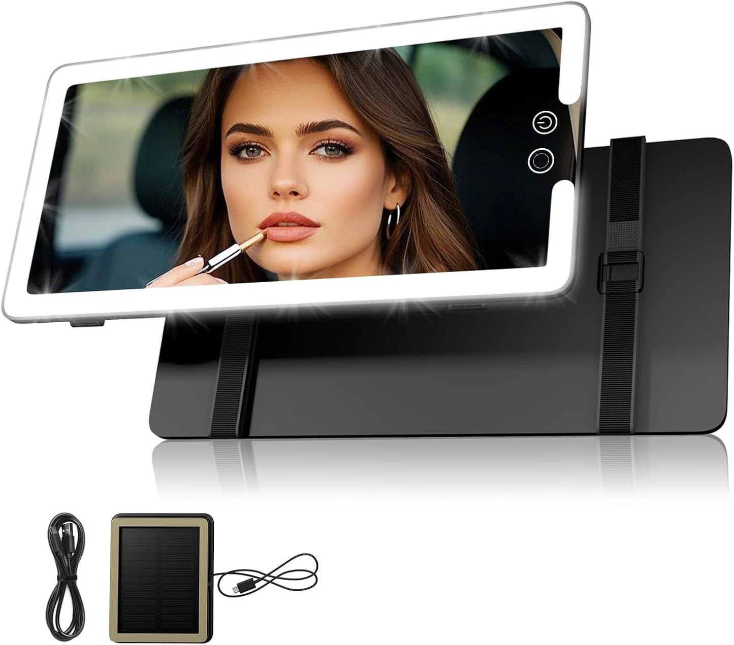 Solar Car Sun Visor Vanity Mirror, Sun Visor Makeup Mirror for Car,Dimmable with 3 Light Modes