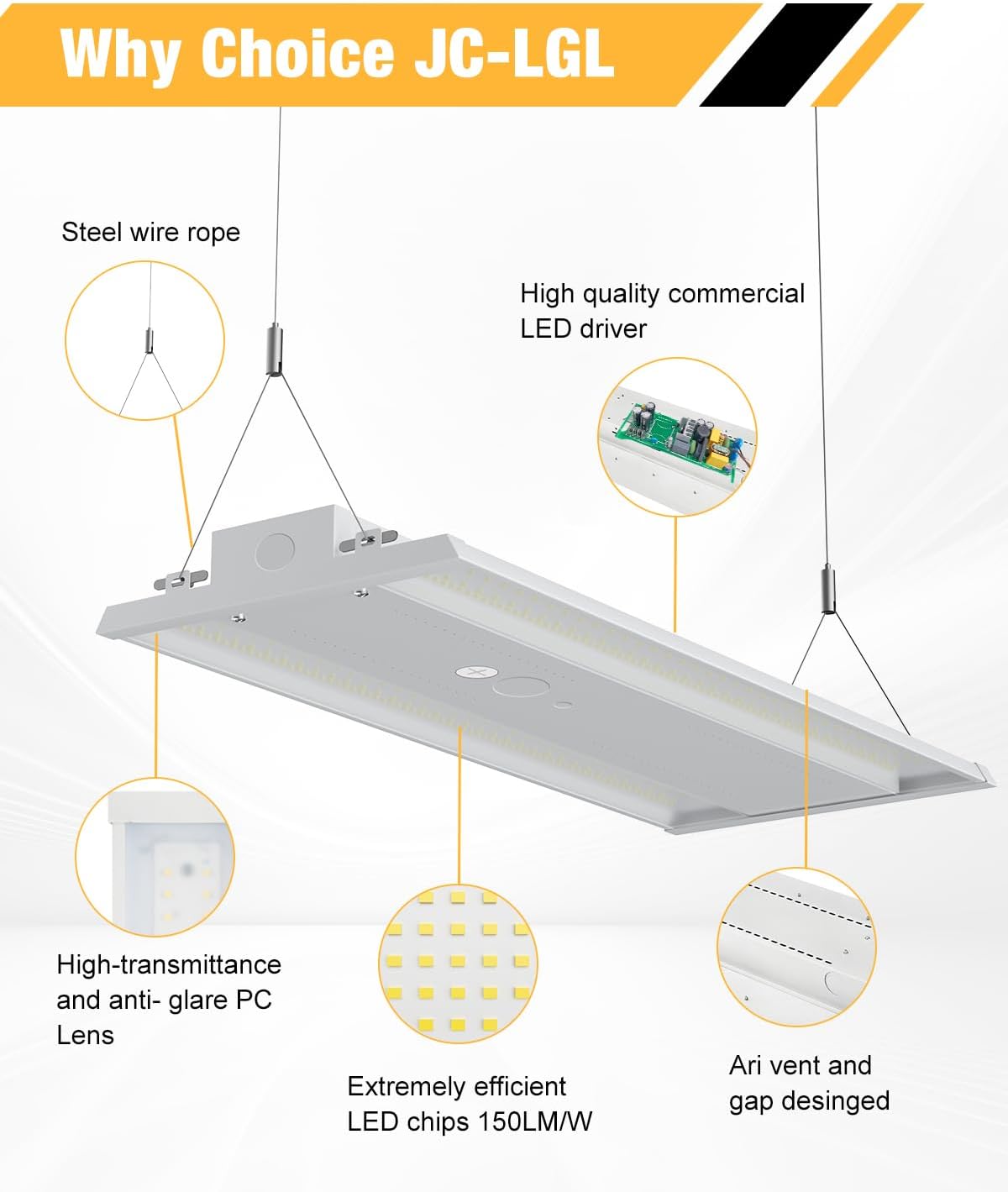 300W LED Linear High Bay Light, 45000LM Shop Light Commercial 120-277V, 5000K High Bay LED Shop Lights for Warehouse, Garage, Factory, UL Listed, 5 Years Warranty