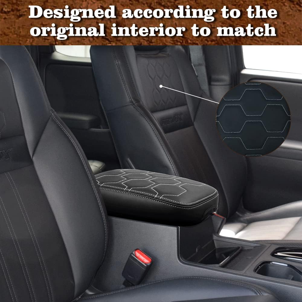 Muslogy for Frontier Center Console Pad Armrest Box Cover Vegan Leather Soft Accessories Armrest Lid Protector Compatible with Nissan Frontier 2022-2024 2025 (Regular Thick, V1 White Stitching)