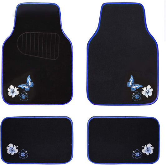 CAR PASS Universal Fit Embroidery Butterfly and Flower Car Floor Mats, Blue Car Floor Mats Fit 95% Automotive,SUVS,Sedan,Vans,for Women,Girly,Set of 4 (Black with Blue)
