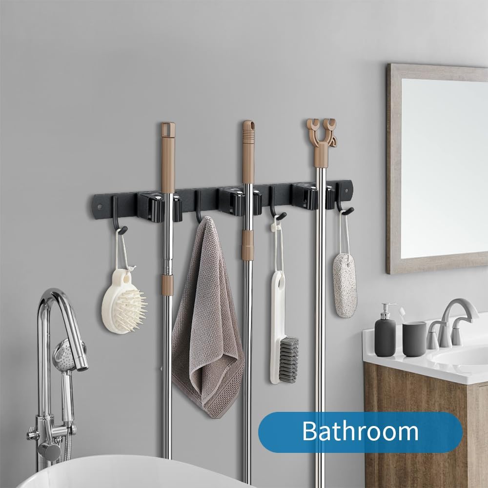 Broom Hanger and Mop Holder, Heavy Duty Garden Tool Organizer Rack Rake and Shovel Handle, Stainless Steel Wall Mounted Utility Rack with Screws (4 Racks with 5 Hooks, Matte Black).