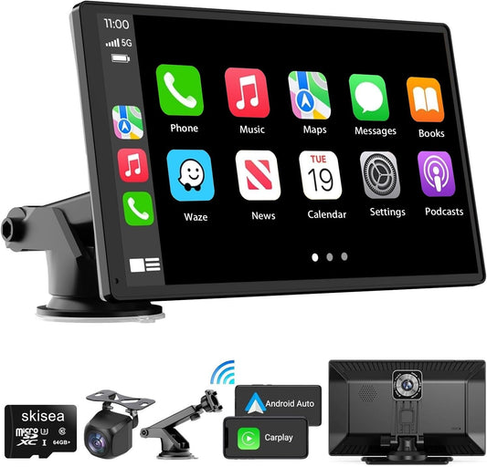 Portable Carplay Screen for Car, 9" Wireless Carplay Touchscreen with 4K Dash Cam, Android Auto Car Stereo, Car Audio Receivers with 1080p Backup Camera, GPS, Bluetooth, FM, Siri