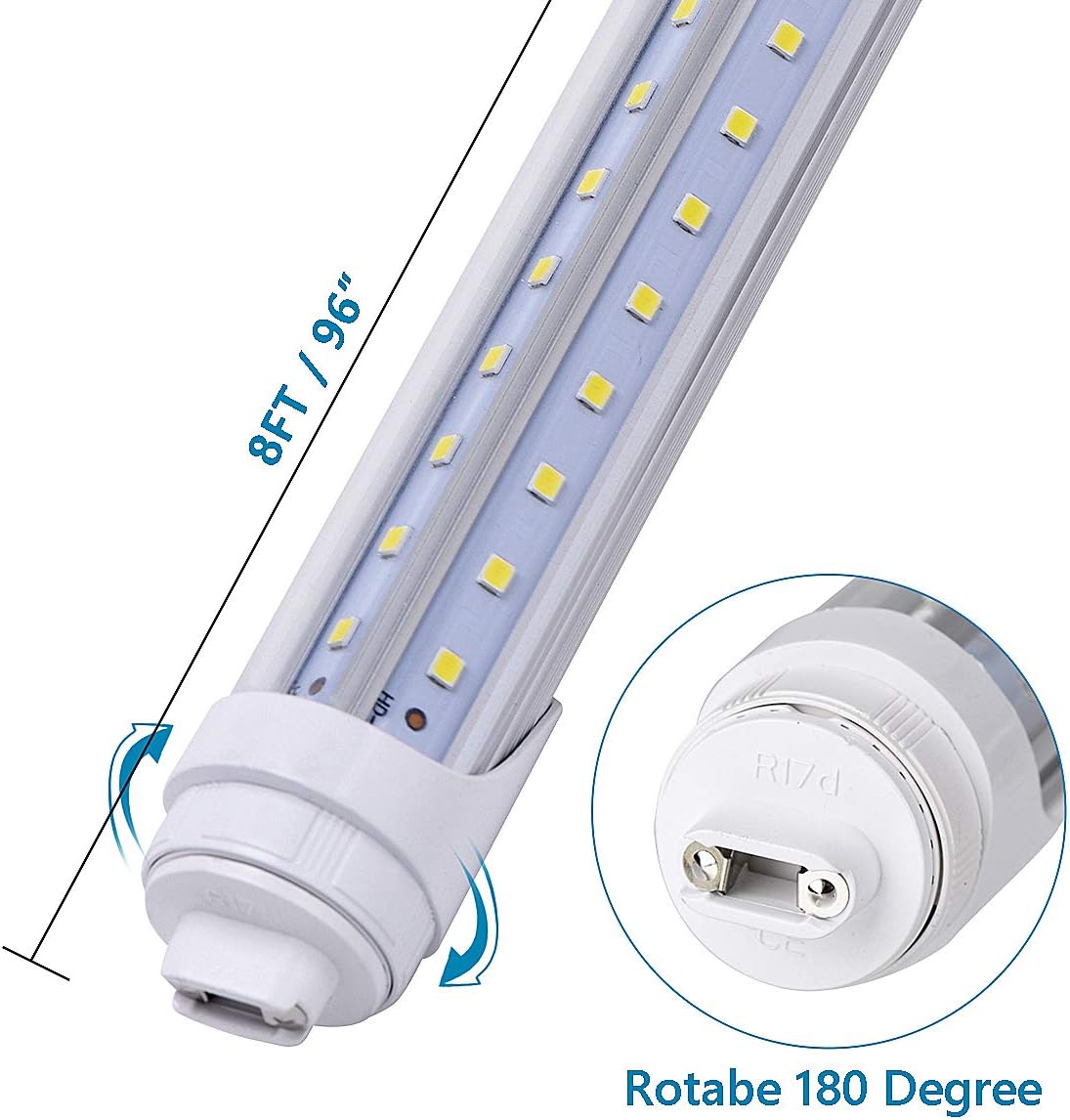 12 Pack, R17D/HO 8FT LED Bulbs - Rotate V Shape, 6000K Cold White 100W, 15000LM, 200W Equivalent F96T12/DW/HO, Clear Cover, T8/T10/T12 Replacement, Dual-End Powered, Ballast Bypass