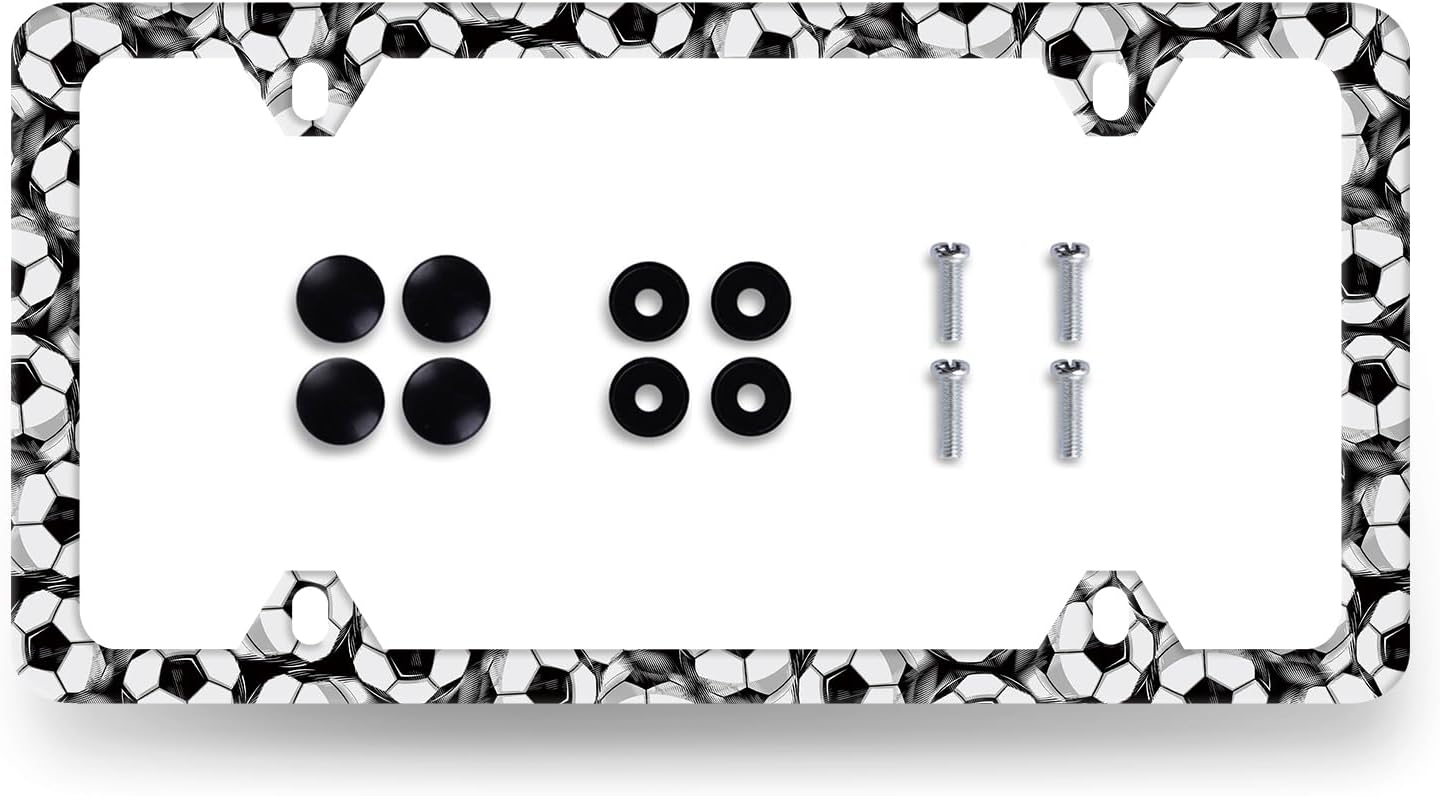 Soccer Ball License Plate Frame Football License Plate Holder Stainless Steel Funny License Plate for USA Canada 6.3" X 12.3" with 4 Holes and Screws