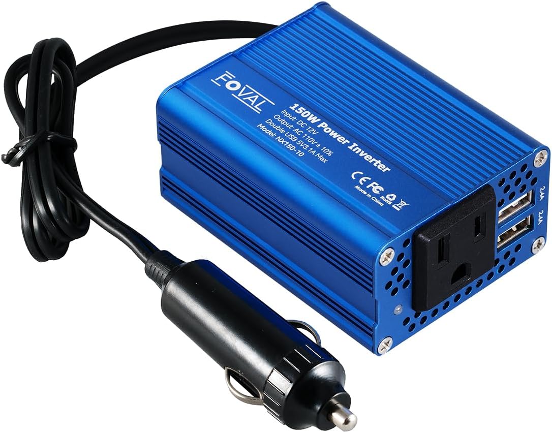 FOVAL 150W Car Power Inverter 12V DC to 110V AC Converter Vehicle Adapter Plug Outlet with 3.1A Dual USB Car Charger for Laptop Computer (Classic Blue)