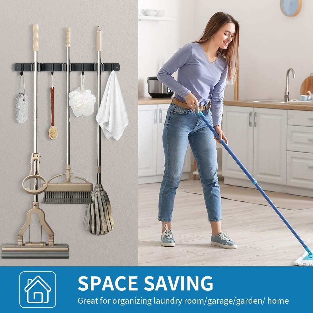 Broom Hanger and Mop Holder, Heavy Duty Garden Tool Organizer Rack Rake and Shovel Handle, Stainless Steel Wall Mounted Utility Rack with Screws (3 Racks with 4 Hooks, Matte Black).
