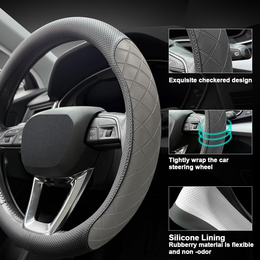 LKWLIKEI Nappa Leather Steering Wheel Cover,Elegant Diamond Checkered Design, Non-Slip wear-Resistant, Enhance Driving Comfort, Suitable for Steering Wheel Diameter 14 1/2‘-15’ Models.Black Gray