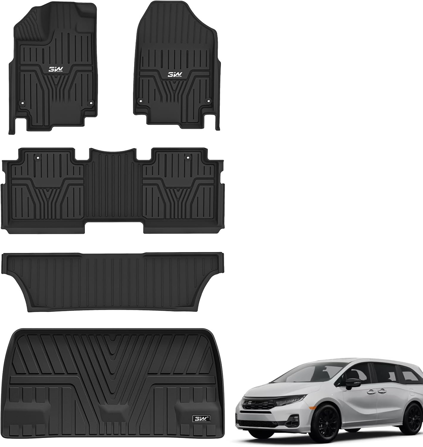 3W Floor Mats & Cargo Liner Fit for Honda Odyssey 2025-2018 Mini Passenger Van, All Weather TPE Floor Liners 1st 2nd & 3rd Rows Car Mats and Trunk Liner Odyssey Car Accessories, Black