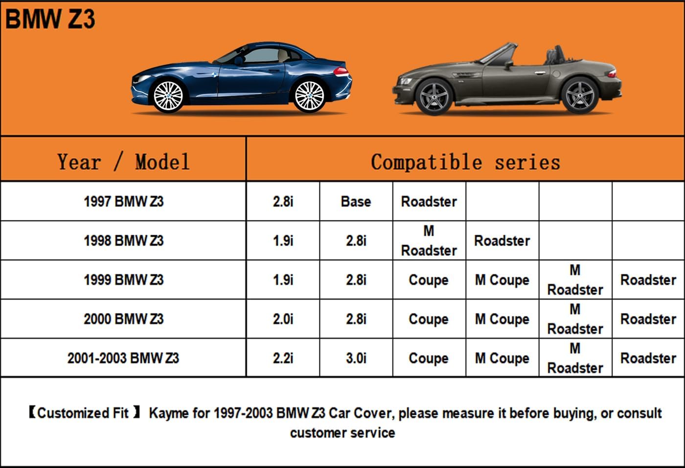 Kayme 7 Layers Car Cover Custom Fit for BMW Z3 (1997-2003) Waterproof All Weather for Automobiles, Outdoor Full Cover Rain Sun UV Protection.