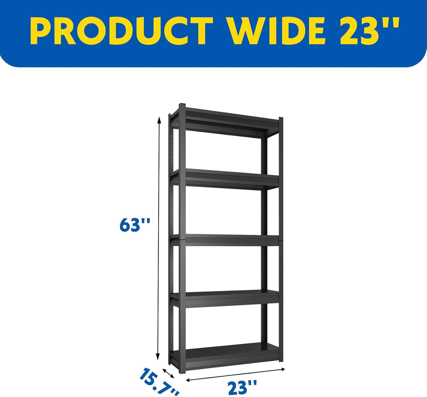 63''H Garage Shelving Heavy Duty, 1600LBS Storage Shelves, 5-Tier Adjustable Metal Shelve Storage Shelf Rack, Industrial Shelving Unit for Garage, Warehouse, Basement (23" W x 15.7" D x 63" H)