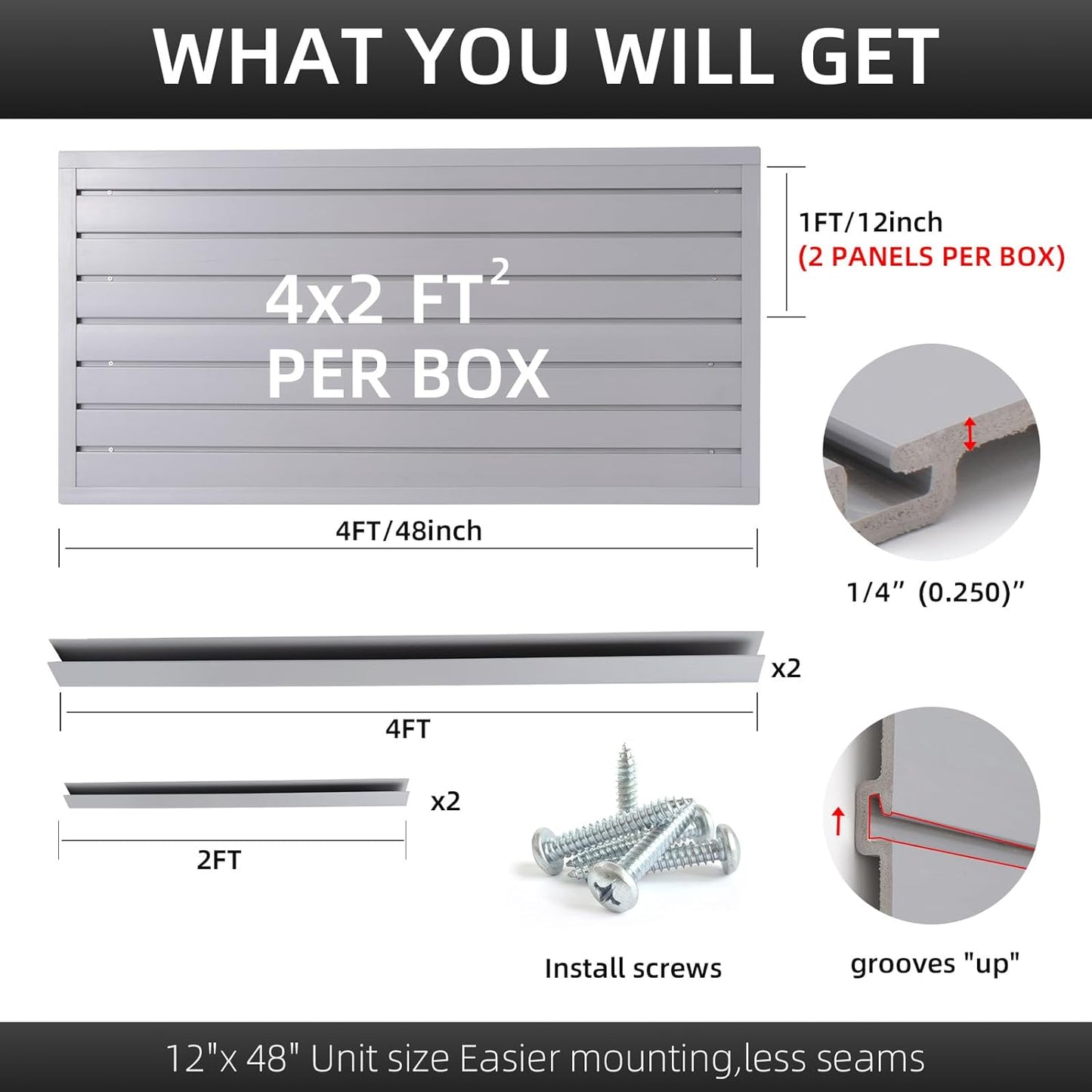 Slatwall Panel Garage Organizer Heavy Duty Wall Mounted, PVC Slat Panels Home Storage System, Tool Organization Peg Board 4ft by 2ft (Gray)