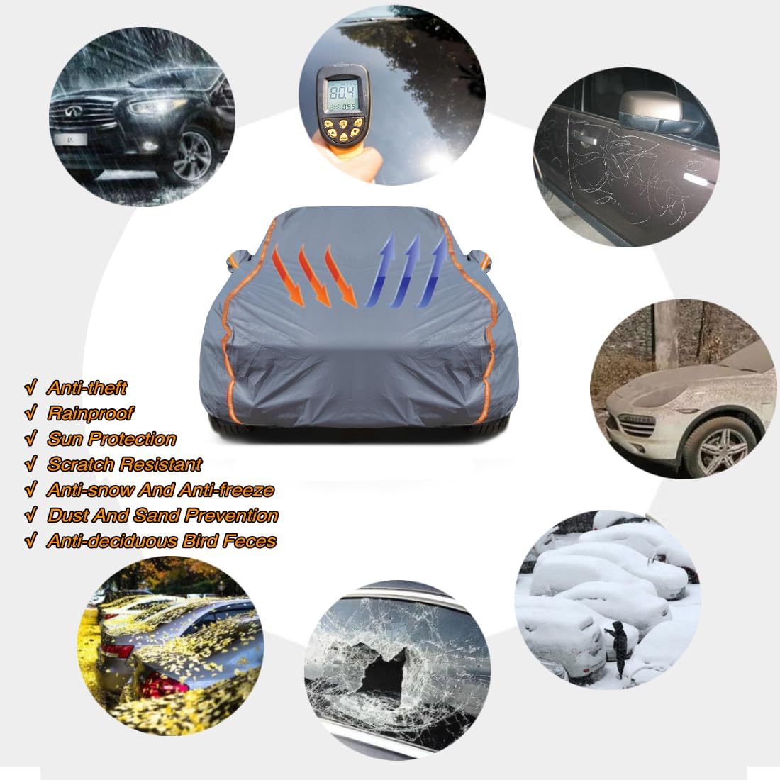 KEYOOG Universal Waterproof Heavy Weight Full Car Covers, Fit Pickup, All Weather, Outdoor Full Cover Weatherproof UV Sun Protection Snow Dust Storm Resistant with PEVA Cotton, Fit Length 230"-260"
