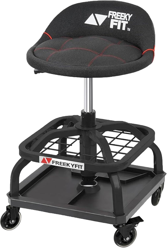 Rolling Shop Stool with Wheels, Garage Work Mechanic Stool with Backrest, Roller Mechanic Chair, Adjustable Height, 360° Swivel, Tool Tray Storage, 330 LBS Capacity, Heavy Duty, Black
