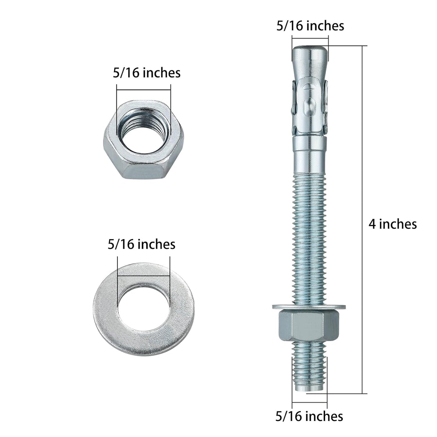 5/16x4" 10Pcs Inch Standard Fasteners for Heavy-Duty Zinc Wedge Anchors for Cement and Concrete