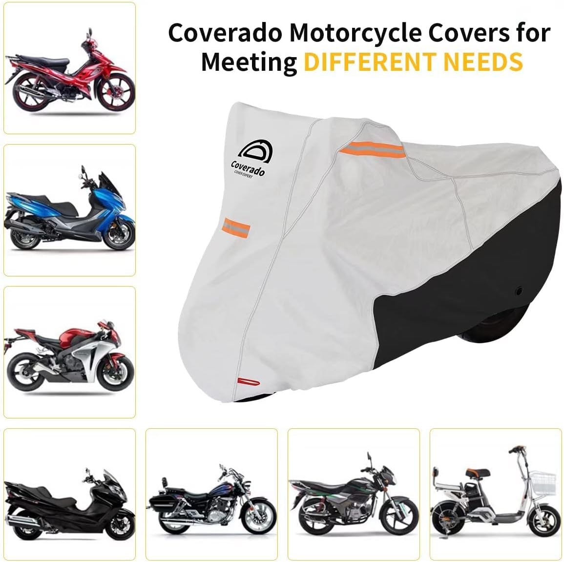 Coverado Motorcycle Cover Waterproof, All Weather Protection Outdoor Full Motorcycle Covers - UV Proof with Flame Retardant Fabric Fit for Harley Davidsion Yamaha Honda Suzuki (up to 83" Motors)