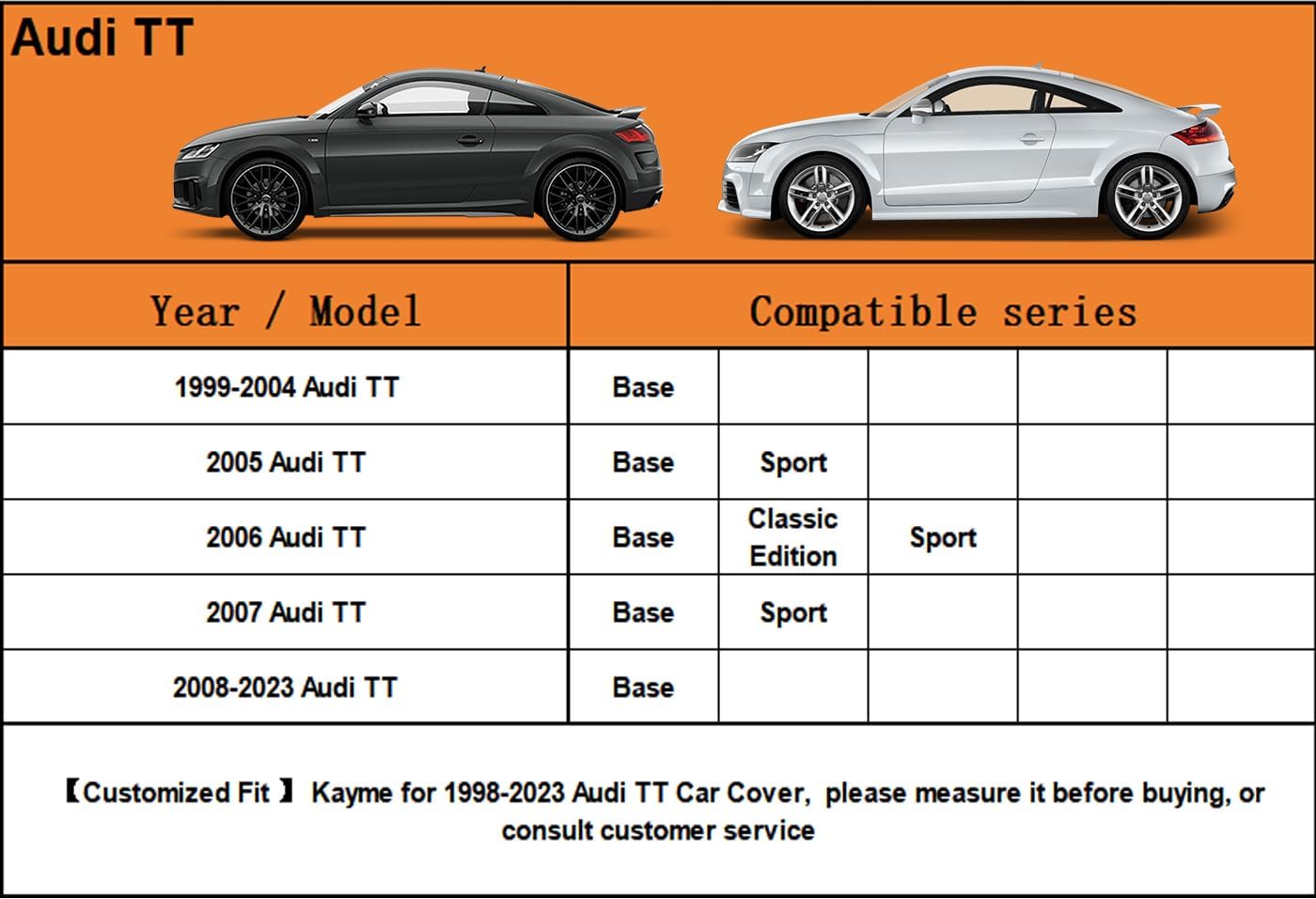 Kayme 7 Layers Car Cover Custom Fit for Audi TT (1998-2025) Waterproof All Weather for Automobiles, Outdoor Full Cover Rain Sun UV Protection.