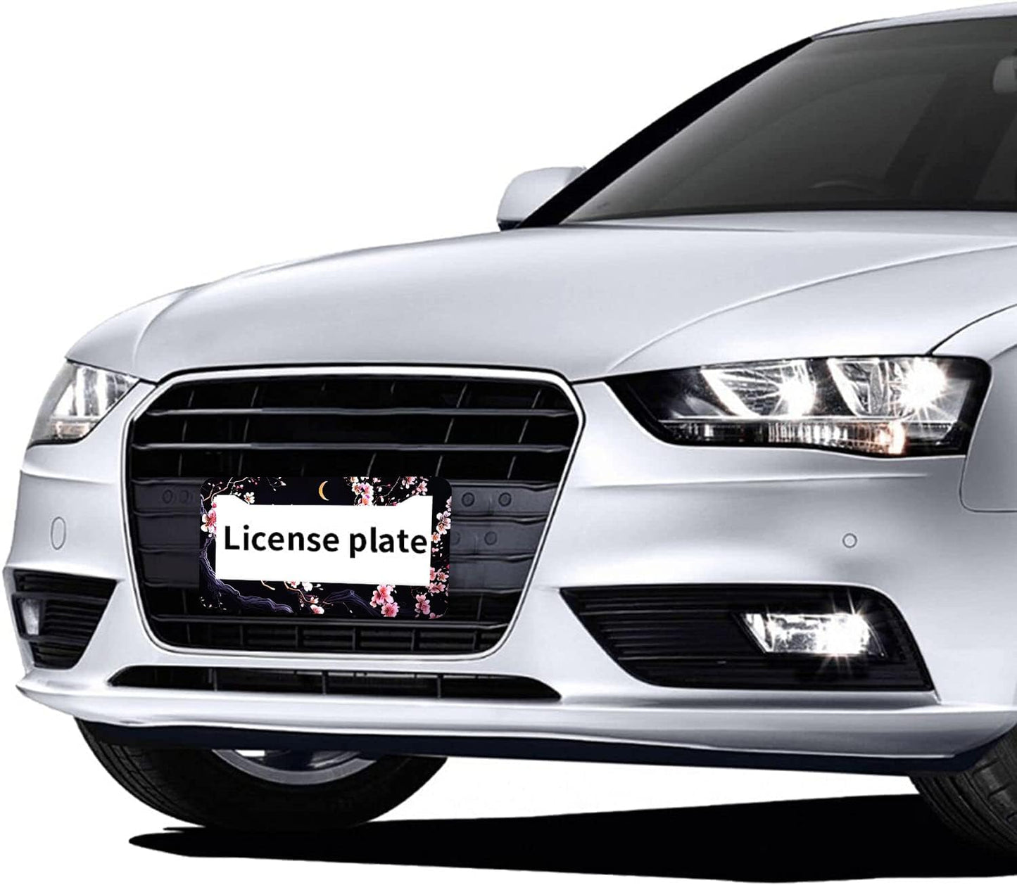 Flowers Plum Blossom Moon License Plate Frames - 2 Pcs Set 2 Holes Metal Aluminum Auto Car Accessories Decoration License Plate Frame 12.2 x 6.3 inch for Women Men Gift