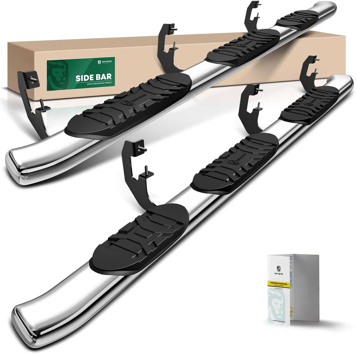 YHTAUTO 5 Inch Running Boards Side Steps Fit 2019-2024 Chevy Silverado & GMC Sierra 1500/2500 HD/3500 HD, Extended/Double Cab, 6.5' Standard Bed, Oval Bent Ends Stainless Steel Polished Chrome