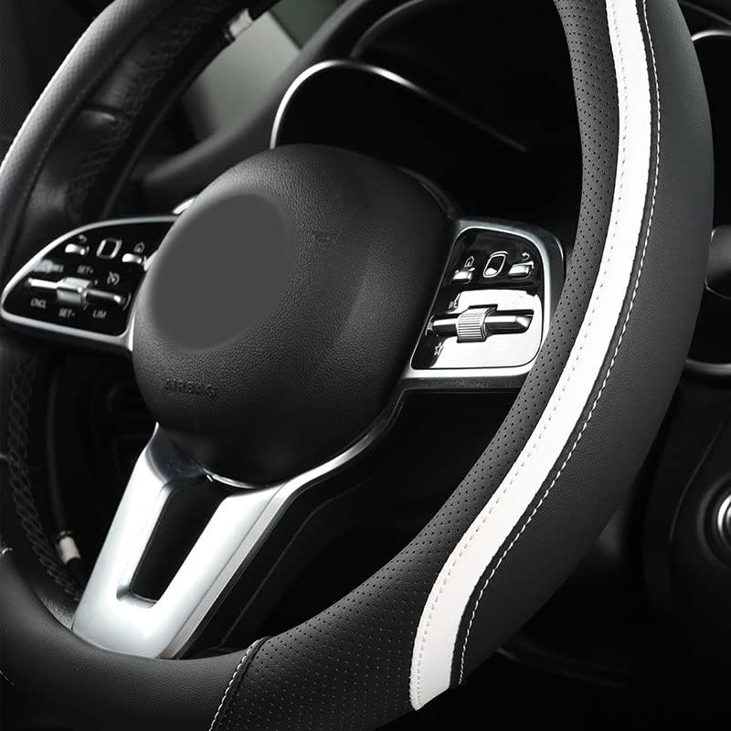 Car Steering Wheel Cover, Leather Steering Wheel Cover White Universal 14.5-15 Inch Microfiber Leather Anti-Slip Breathable Auto Steering Wheel Covers for Men Women(Black & White)