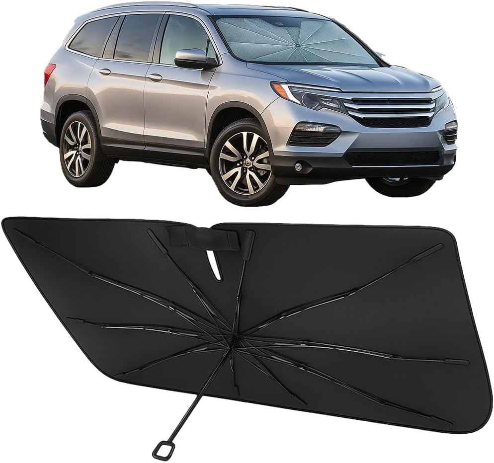 Proadsy Windshield Sun Shade Umbrella for Honda Pilot 2016-2025 2026 Foldable Car Umbrella Sunshade with Soft TPU Handle Spring Structure Crystal Cooling Material Protect Car from Rays & Heat