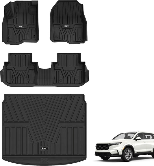 3W Floor Mats & Cargo Liner Fit for Honda CR-V 2023 2024 2025 2026 (Include Hybrid), All Weather TPE Custom Fit Honda CRV Floor Liner 1st, 2nd Row and Trunk (Upper Positon) Full Set Car Mats Black