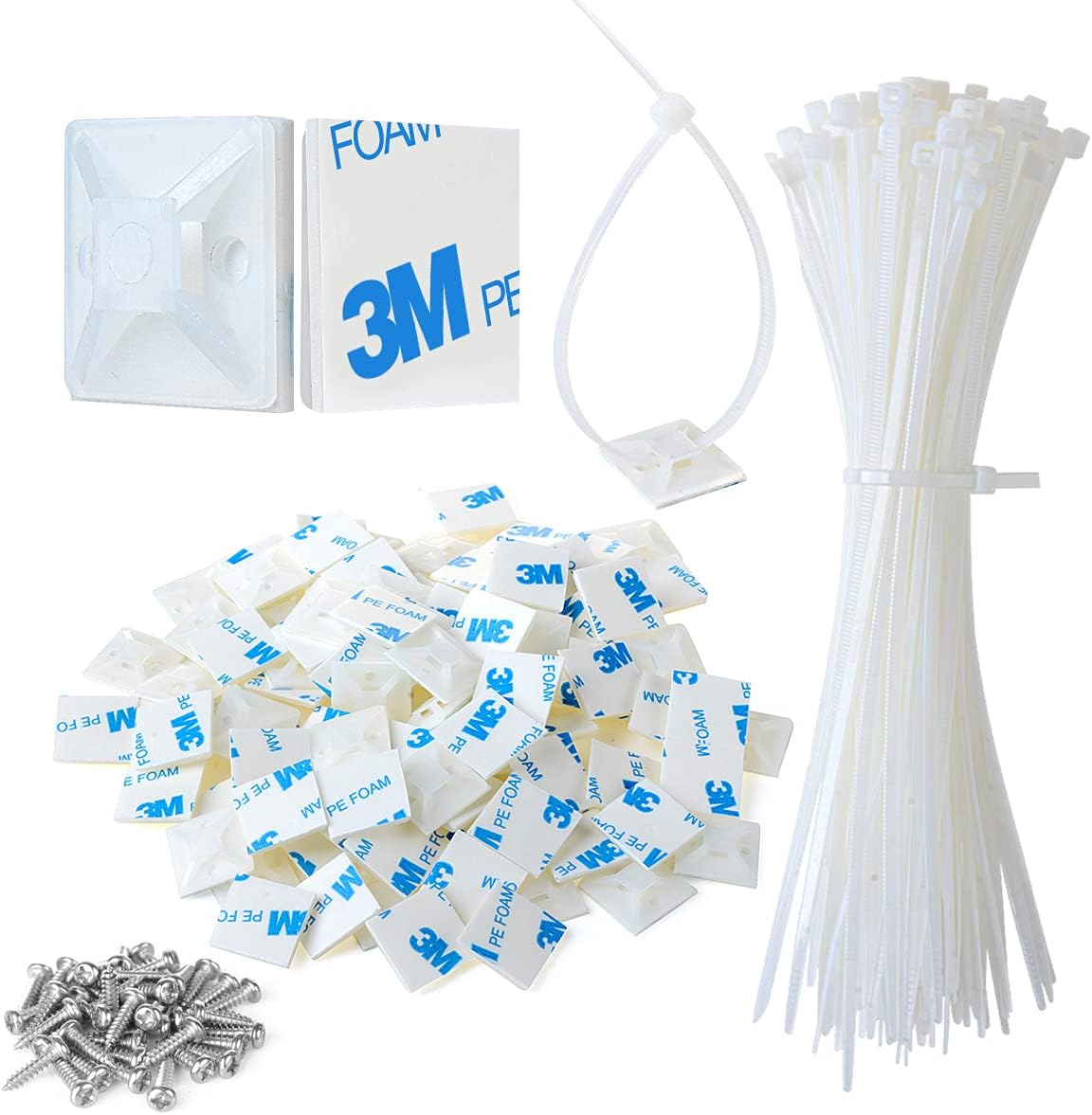 3/4" 3M Back-Glue Self Adhesive White Strong Cable Zip Tie Mounts 100pcs with 8" Ties, Screws, Outdoor Sticky Wire Fasteners Cable Clips Management Anchors Organizer Holders Squares