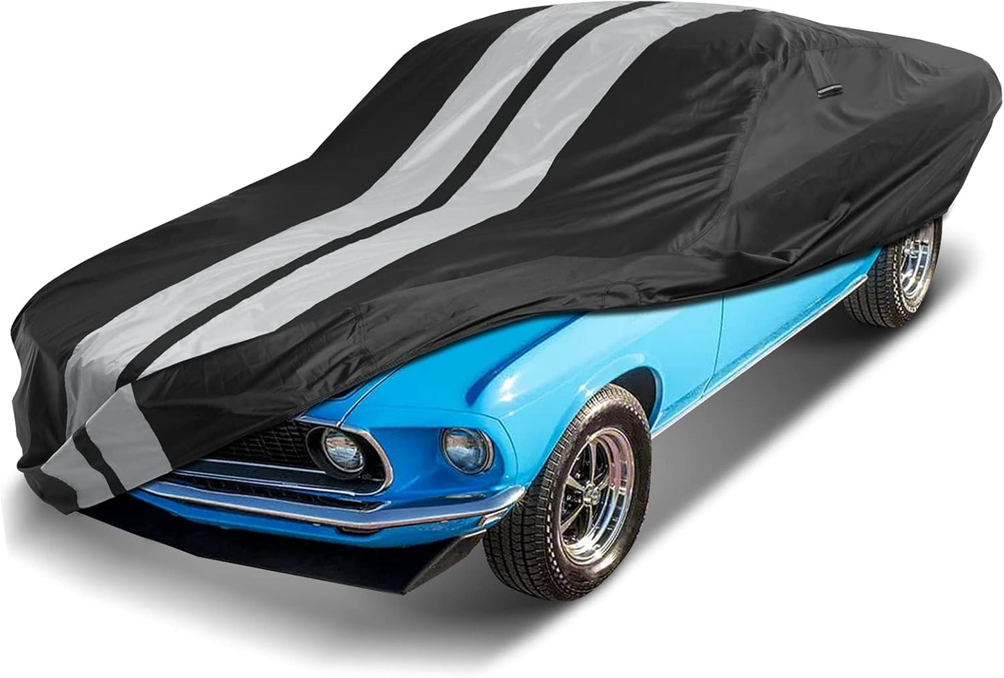 iCarCover Custom Car Cover for 1969-1973 Ford Mustang Waterproof All Weather Rain Snow UV Sun Protector Full Exterior Indoor Outdoor Car Cover (Stripe - Black/Gray)
